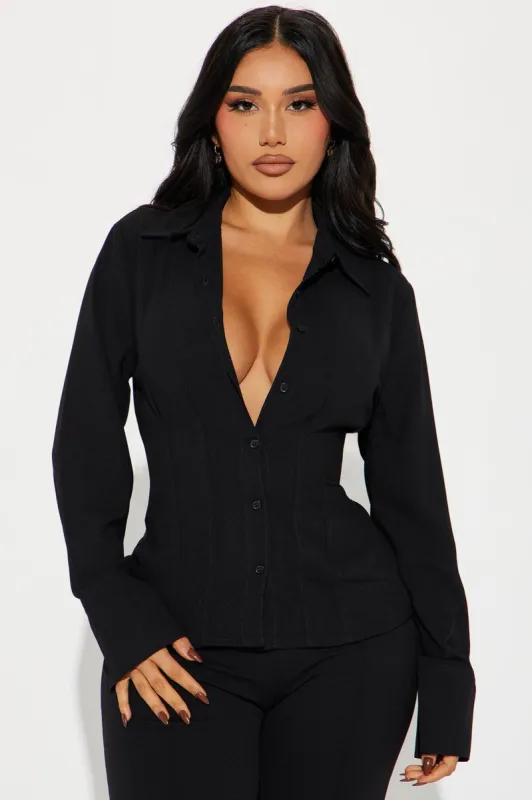 Ellie Pleated Shirt - Black sold by Fashion Nova