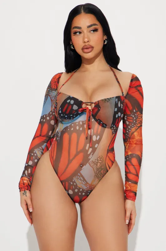 Mariposa Mesh Bodysuit - Orange/combo sold by Fashion Nova