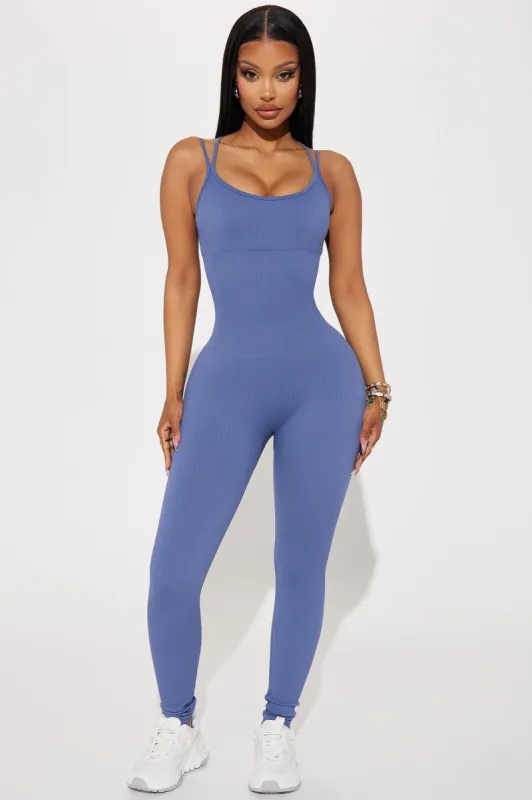 Effortless Joyce Ribbed Seamless Jumpsuit - Slate Blue sold by Fashion Nova