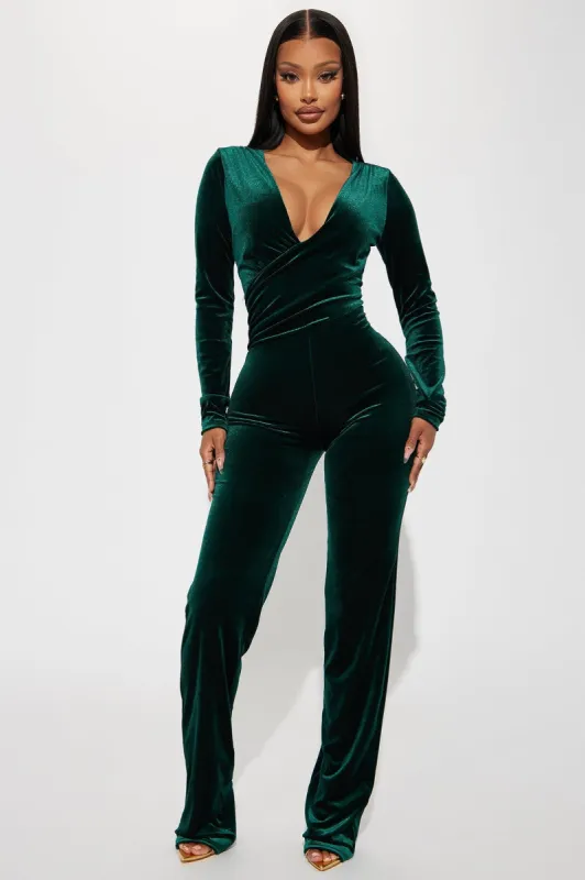 Here Is The Moment Velvet Jumpsuit  - Hunter sold by Fashion Nova