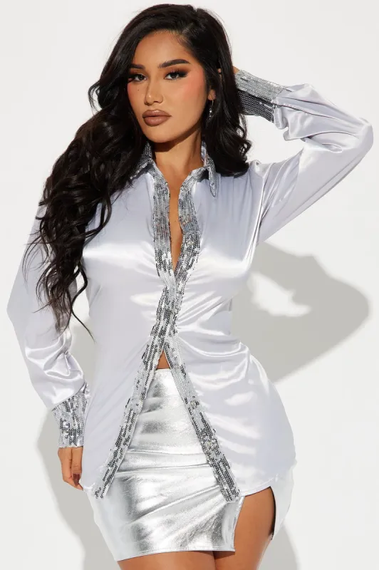 Add Some Spice Satin Shirt - Silver sold by Fashion Nova