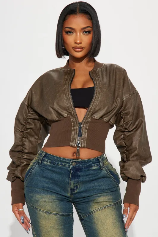 Right Timing Washed Faux Leather Bomber Jacket - Brown sold by Fashion Nova