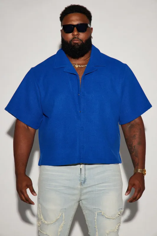 Wilder Textured Weave Cropped Button Up Shirt - Blue sold by Fashion Nova