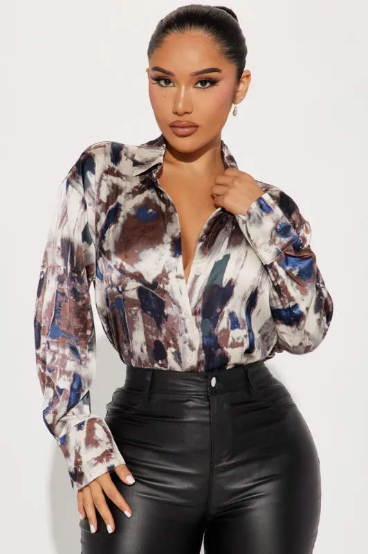 Office Duties Satin Shirt - Blue/combo sold by Fashion Nova