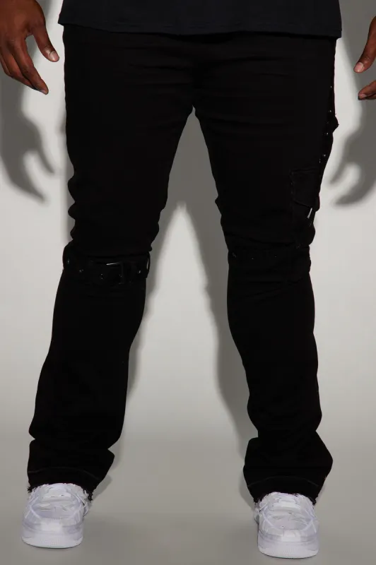 Strap Me Up Stacked Skinny Flare Jeans - Black sold by Fashion Nova