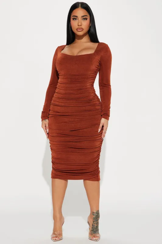 Kaci Ruched Midi Dress - Rust sold by Fashion Nova