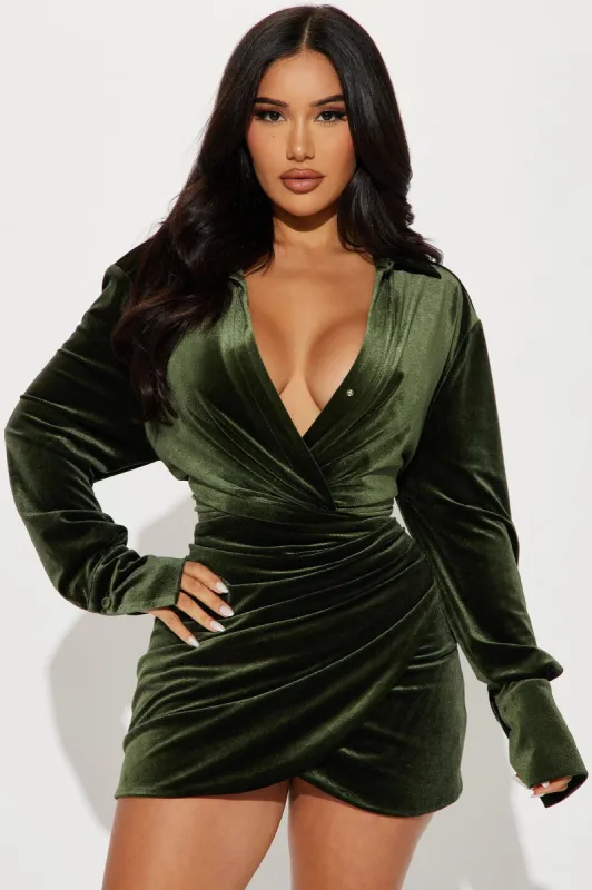 Aria Velvet Mini Shirt Dress - Hunter sold by Fashion Nova