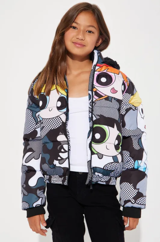 Mini Powerpuff Girls Camo Puffer Jacket - Black sold by Fashion Nova