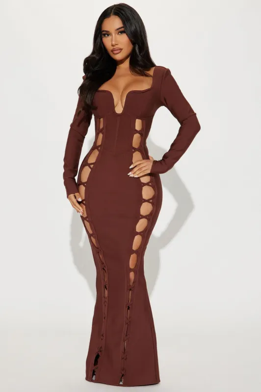 No Cuts Given Bandage Maxi Dress - Brown sold by Fashion Nova