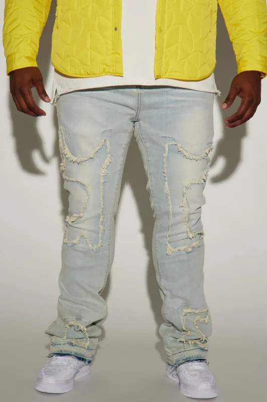 Coming Sideways Fray Stacked Skinny Flare Jeans - Light Wash sold by Fashion Nova