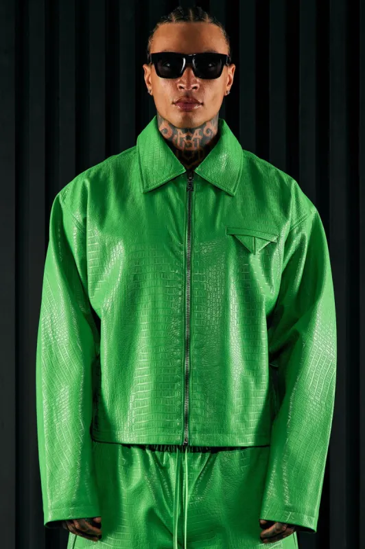 Gotta Run Faux Croc Leather Cropped Jacket - Green sold by Fashion Nova