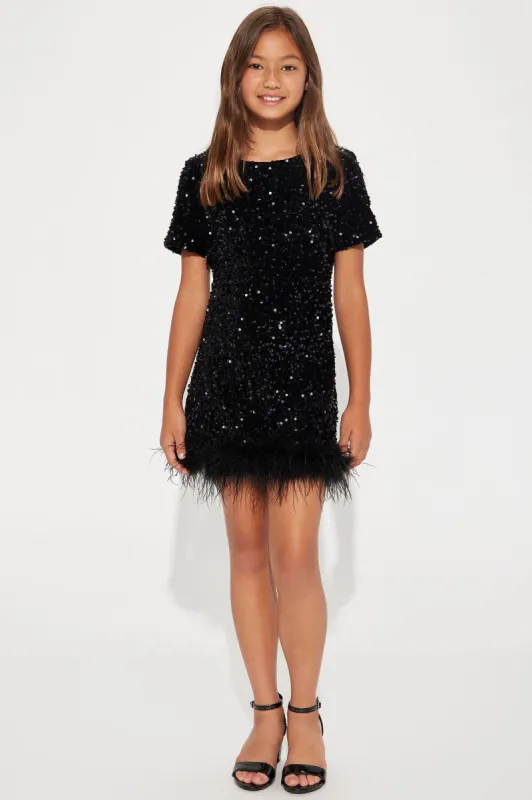 Mini Christy Sequin Feather Trim T-Shirt Mini Dress - Black sold by Fashion Nova