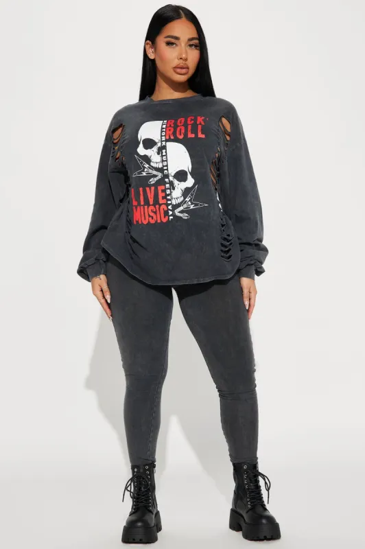 Time To Rock N' Roll Long Sleeve Legging Set - Charcoal sold by Fashion Nova