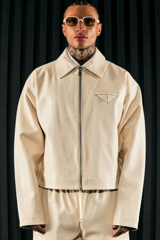 Gotta Run Faux Croc Leather Cropped Jacket - Cream sold by Fashion Nova
