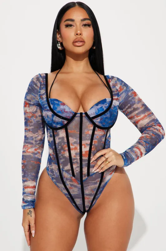 Out Of Touch Mesh Bodysuit - Blue/combo sold by Fashion Nova