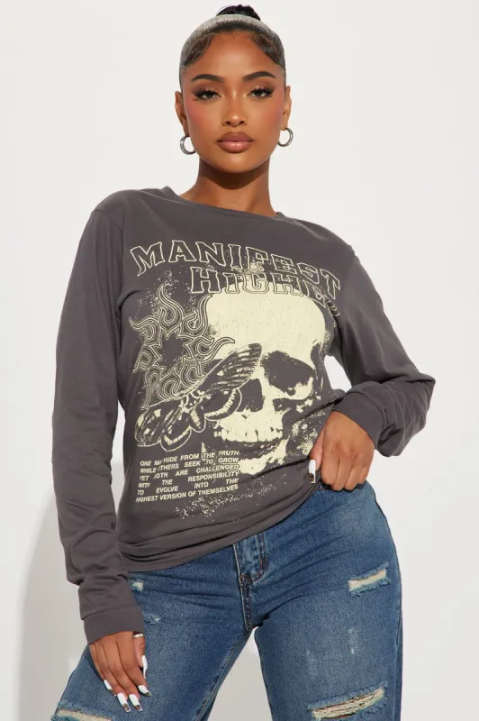 Manifest Higher Long Sleeve Tee - Charcoal sold by Fashion Nova