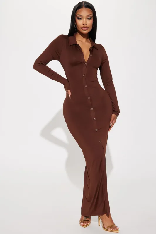 Luna Button Front Maxi Dress - Brown sold by Fashion Nova