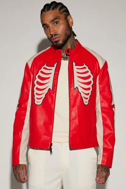 Bones Faux Leather Motocross Jacket - Red sold by Fashion Nova