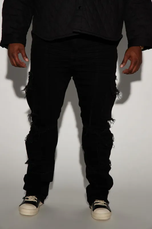 Shout Out Fray Stacked Skinny Flare Jeans - Black Wash sold by Fashion Nova