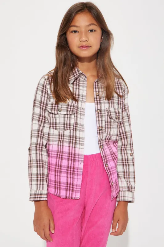 Mini Long Sleeve Dip Dye Knit Plaid Flannel - Pink Combo sold by Fashion Nova
