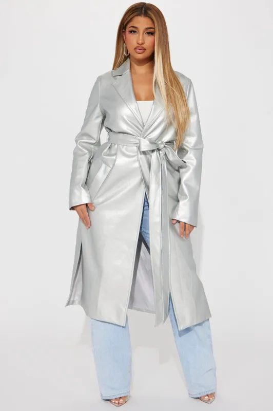 Into The Night Faux Leather Trench Coat - Silver sold by Fashion Nova