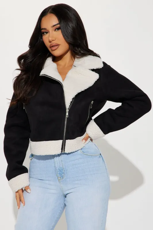Ready To Ride Shearling Moto Jacket - Black sold by Fashion Nova