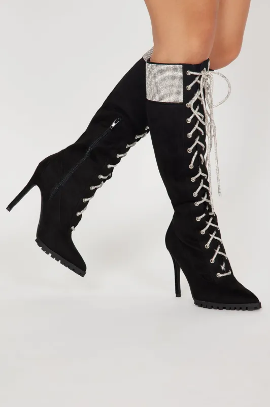 Take Me Uptown Knee High Heeled Boots - Black sold by Fashion Nova