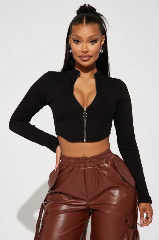 Chloe Ribbed Zip Up Top - Black sold by Fashion Nova