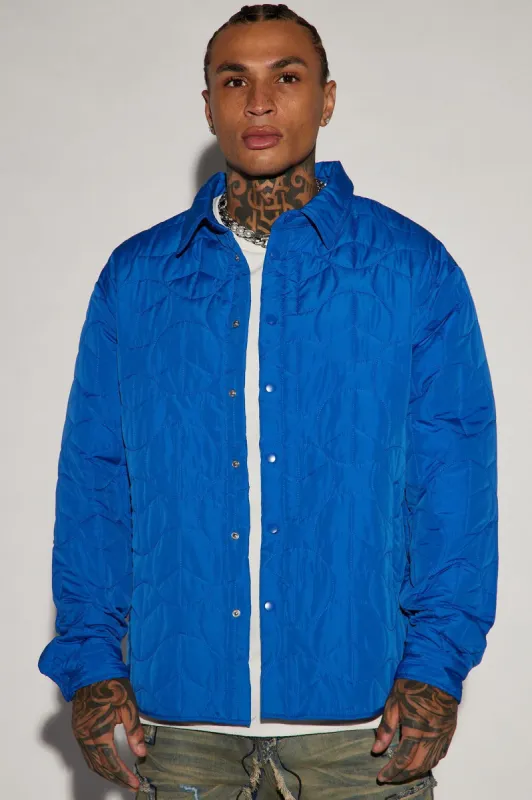 Peace Quilted Nylon Shacket - Blue sold by Fashion Nova