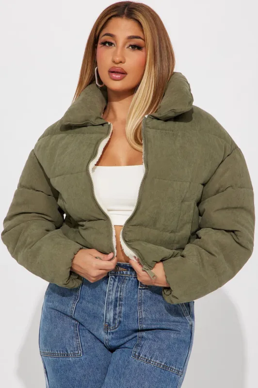 Too Hot To Handle Puffer Jacket - Olive sold by Fashion Nova