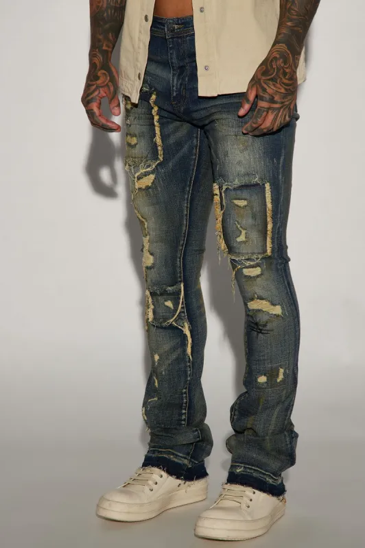 Square It Out Stacked Skinny Flare Jeans - Dark Wash sold by Fashion Nova