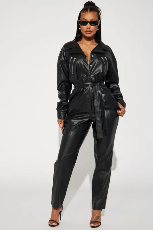 Mrs Motto Faux Leather Jumpsuit - Black sold by Fashion Nova