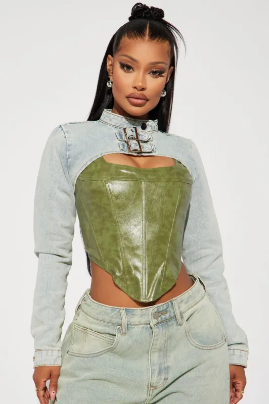 Buckled Up Denim Bolero Top - Light Wash sold by Fashion Nova
