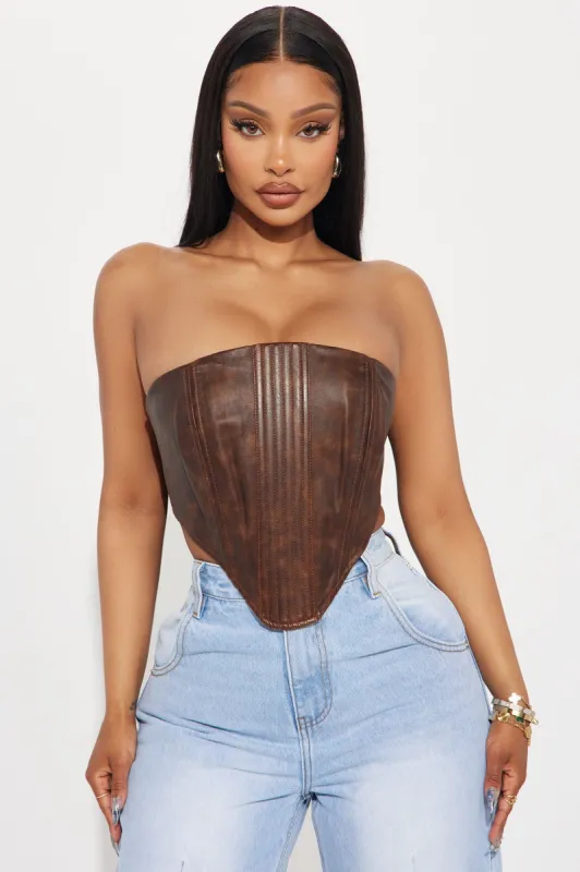 Out West Washed Faux Leather Corset Top - Brown sold by Fashion Nova