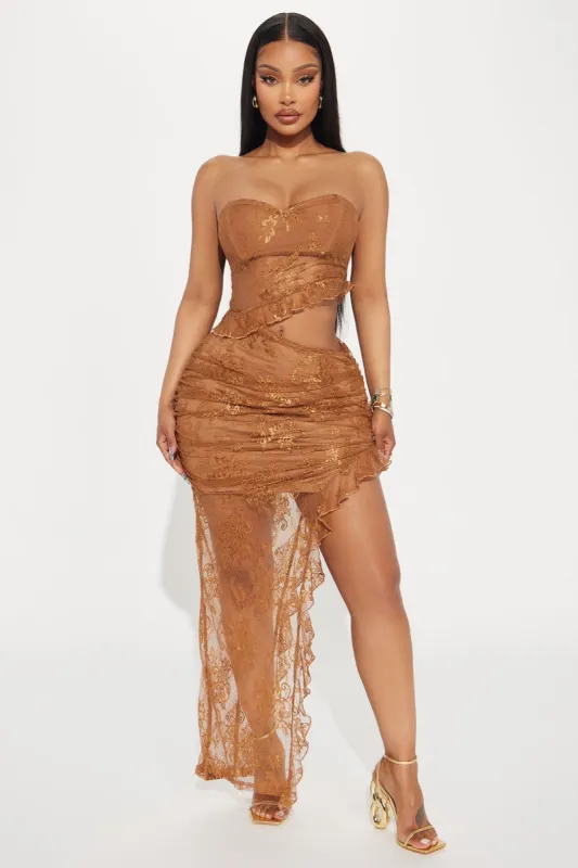 Abigale Lace Maxi Dress - Brown sold by Fashion Nova