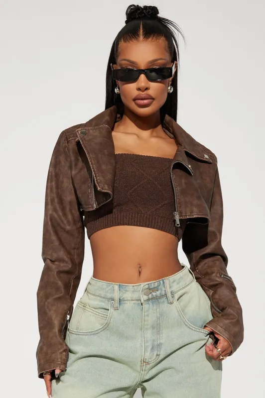 Ria Washed Faux Leather Crop Moto Jacket - Brown made by Fashion Nova