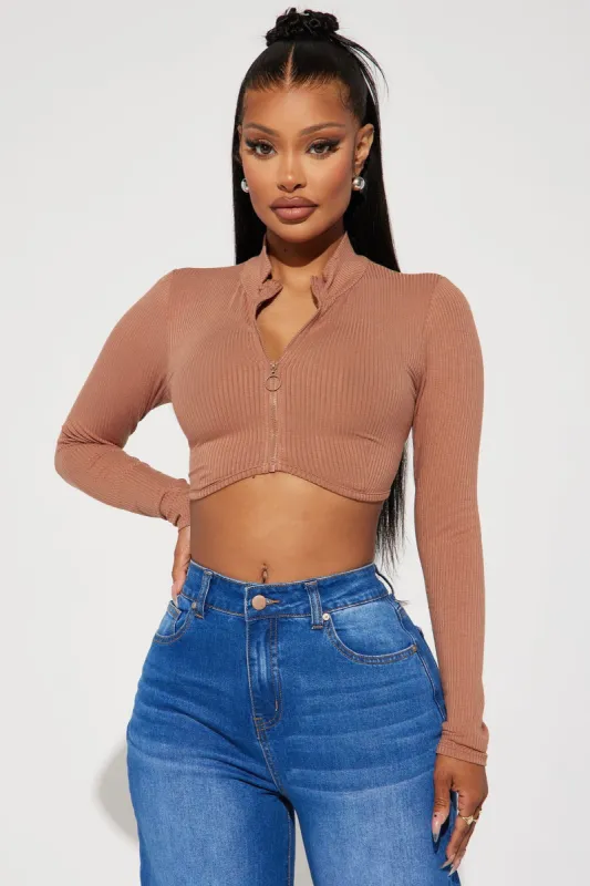 Nikita Ribbed Zip Up Top - Taupe sold by Fashion Nova