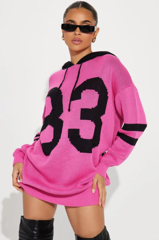 Courtney Hooded Sweater Mini Dress - Hot Pink/combo sold by Fashion Nova