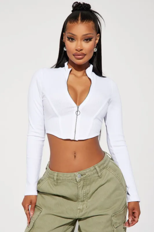 Chloe Ribbed Zip Up Top - White sold by Fashion Nova