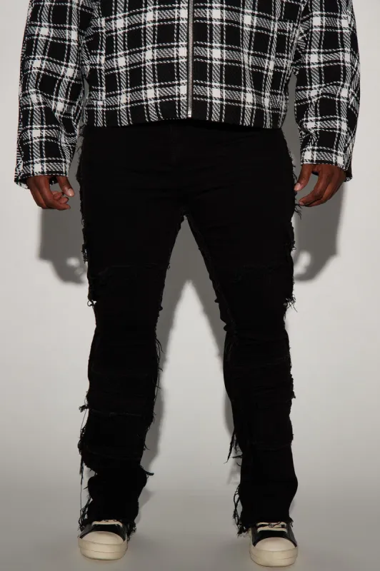 We Got This Fray Stacked Skinny Flare Jeans - Black sold by Fashion Nova