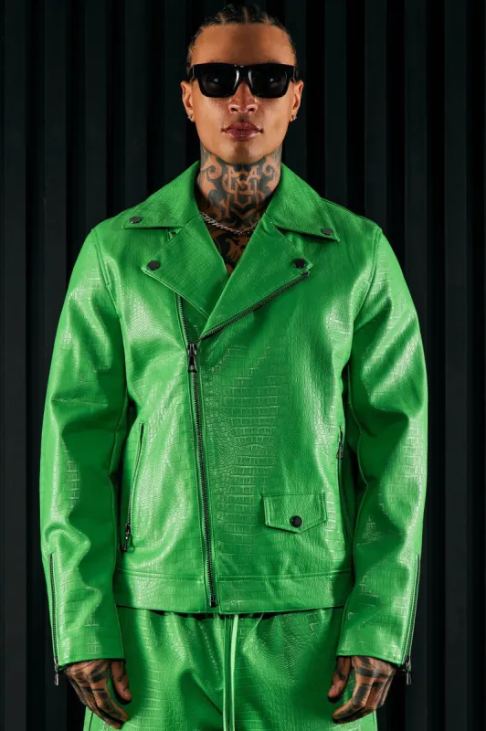 Gotta Run Faux Crocodile Leather Moto Jacket - Green sold by Fashion Nova