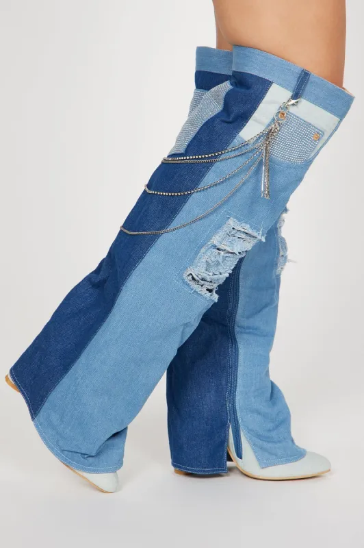 Punk Princess Knee High Heeled Boots - Denim sold by Fashion Nova