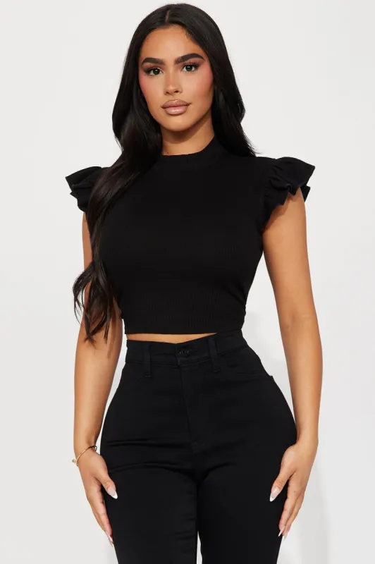 On The Clock Ruffle Top - Black sold by Fashion Nova