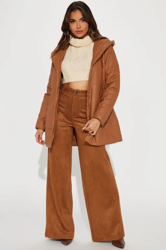 Let It Happen Faux Leather Puffer  - Camel sold by Fashion Nova