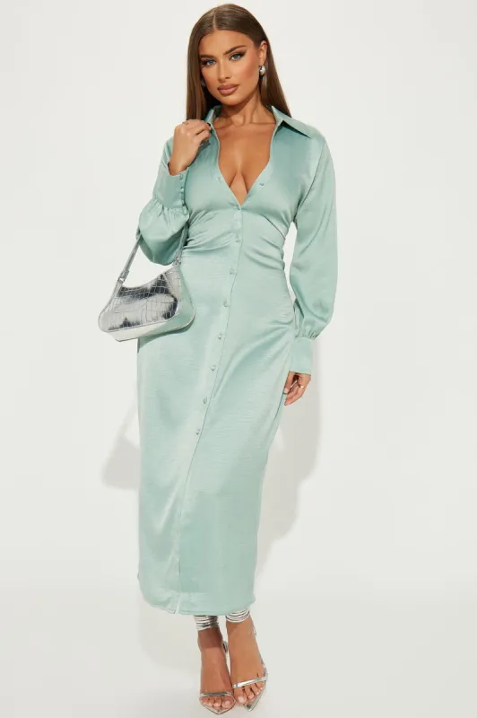 In The Office Satin Shirt Dress - Sage sold by Fashion Nova