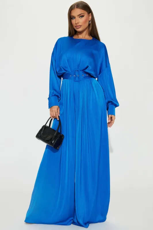 One Step Further Satin Jmpsuit  - Blue sold by Fashion Nova