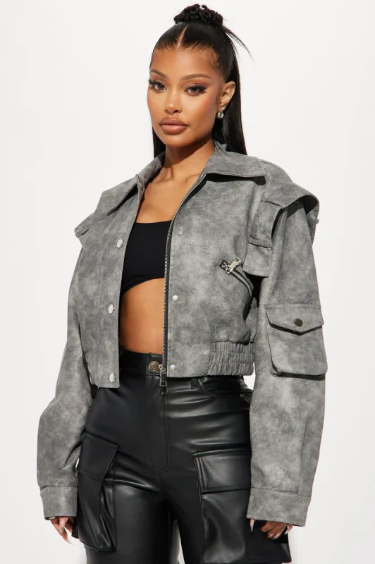 Harper Washed Faux Leather Jacket - Grey sold by Fashion Nova