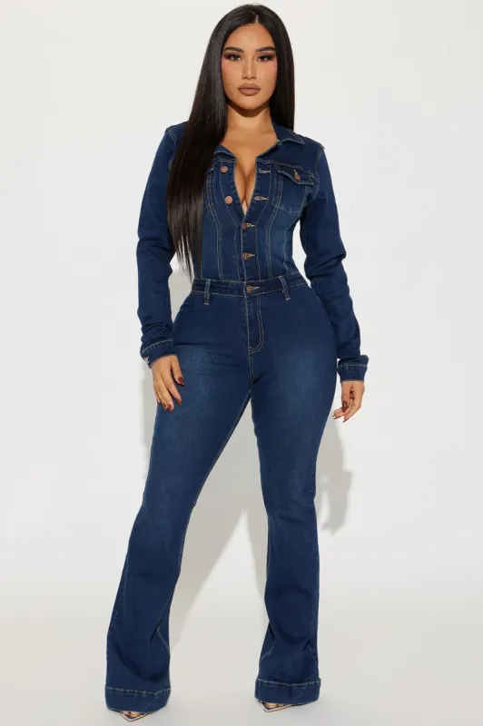 Day Dreaming Long Sleeve Denim Jumpsuit - Dark Denim sold by Fashion Nova