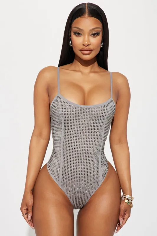 Body Glitter Rhinestone Bodysuit - Grey sold by Fashion Nova