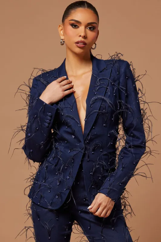 Juliette Embellished Feather Blazer - Dark Wash sold by Fashion Nova